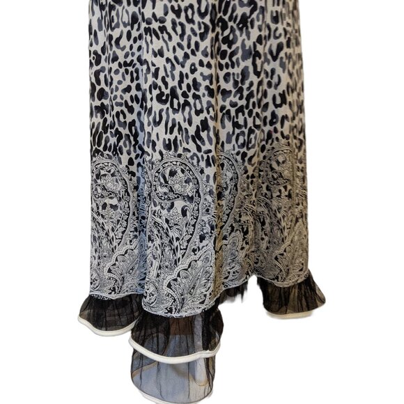 Womens Leopard Paisley Ruffle Hem Midi Skirt Boho Grunge Elegant Mesh Black S - Picture 2 of 9